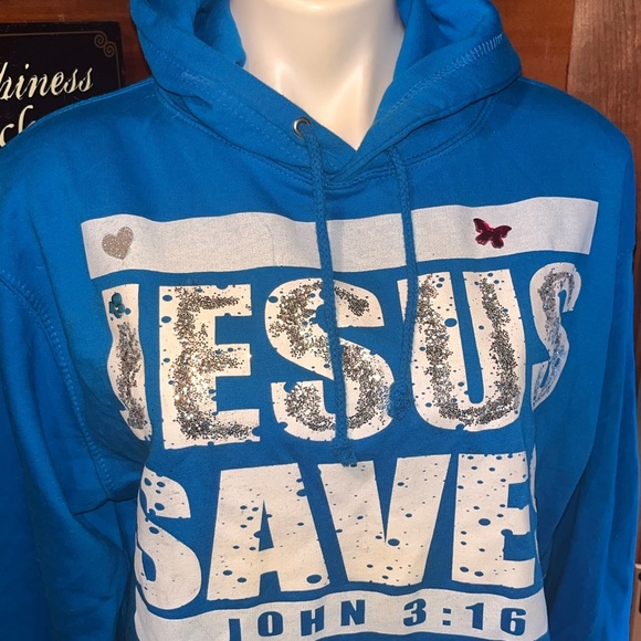 Turquoise JESUS SAVES Hooded Sweatshirt size S Boutique front pocket NEW - Picture 12 of 13